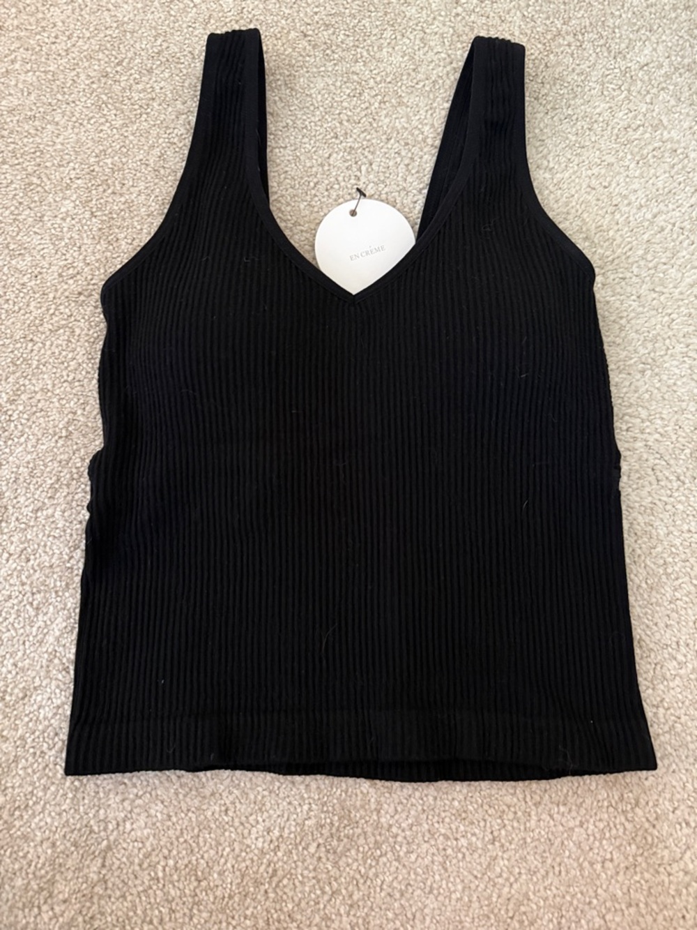 En Creme Ribbed V-Neck Tank Top - Black
